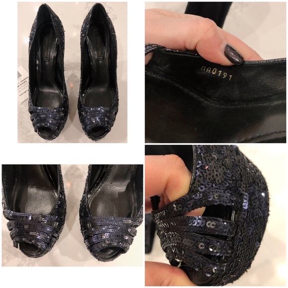 LOUIS VUITTON Dark Midnight Blue Sequin Glitter Sparkle Peep Toe Platform Pumps - Picture 16 of 17
